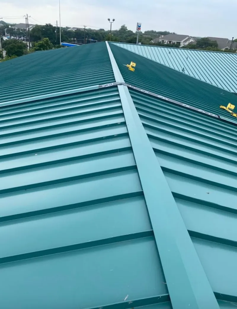 Green commercial metal roof ridge and valley for Metal Roof Repair in Plano